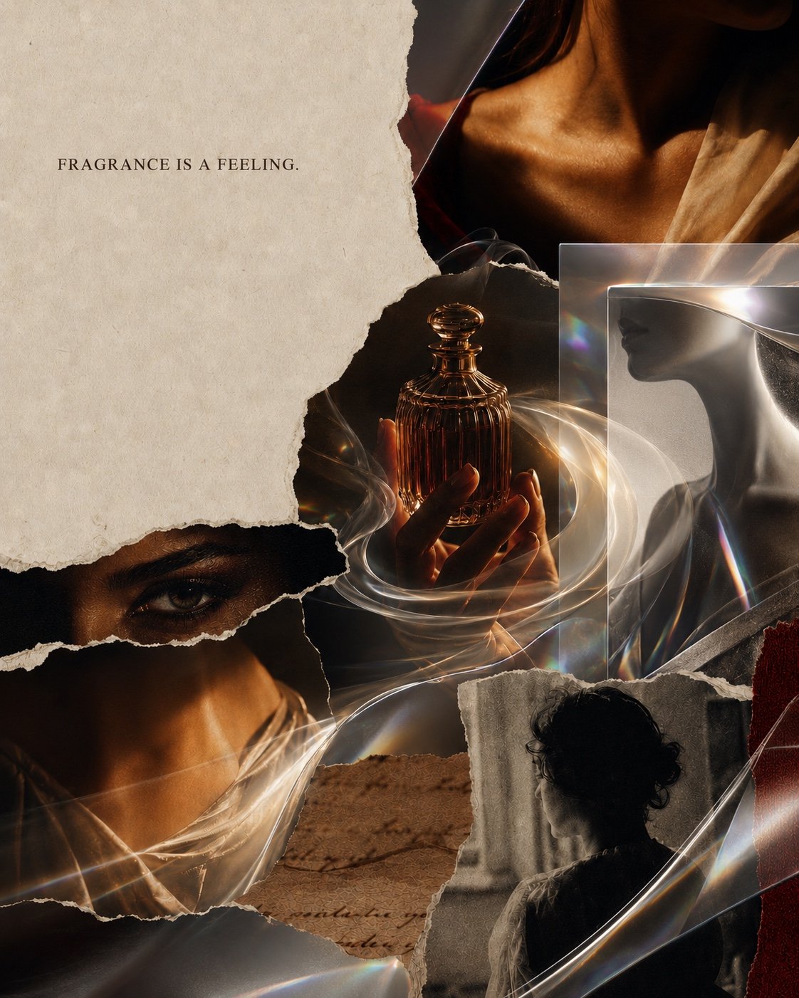 Editorial collage of perfume, memory fragments, amber light and reflective surfaces